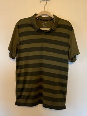 Nike Olive and Green Stripped Dri-Fit Polo